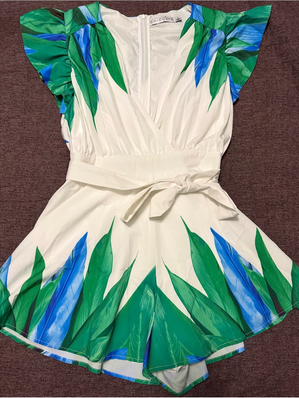 Chicways White Romper with Green and Blue Tropical Leaf Print Sz L